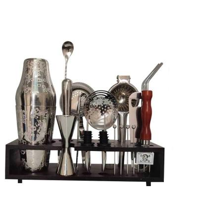 China Cocktail Shaker Set Professional Barware Tools Kit Bar Accessories Jigger Cocktail Shaker Set With Stand Stainless Steel Customized Logo for sale