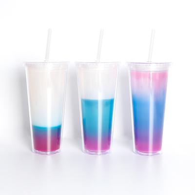 China Viable Color Changing Straw Cup In Stock Color-changing Straw Cup Pattern Double Layers pp Sensitive Thermos Cup Plastic Cold And Hot for sale