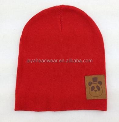 China COMMON Personalized Long Red Snap Knitted Beanie Hats Plain With Leather Patch, Winter Hats for sale