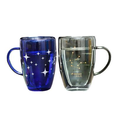 China 2021 Amazon Sustainable Hot Sales Insulated Sparkle Double Wall Star Coffee Tea Cup Glass Mug With Handle for sale