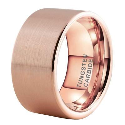 China Dropshipping Wholesale CLASSIC Jewelry Modern 12mm Flat Brushed Tungsten Carbide Rose Gold Large Wedding Band Ring For Men Women for sale