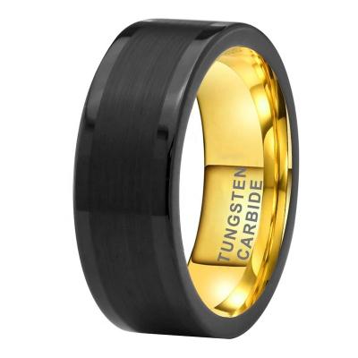 China Fashion Black Ring Tow Tone Tungsten Carbide Wedding Band Brushed Gold Finish 8mm Wholesale TRENDY for Women Men Comfort Fit for sale