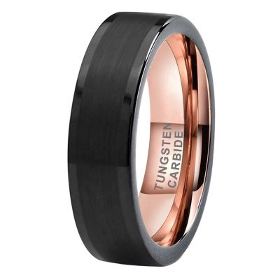 China Wholesale TRENDY Rose Gold Black 6mm Ring Top Swept Finish Flat Shape Tungsten Carbide Wedding Band For Women Men for sale