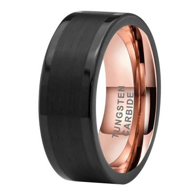 China TRENDY 8mm Rose Gold Color Burshed Finish Fashion Finger Ring Black Top Tungsten Carbide Engagement Wedding Band For Women Men for sale