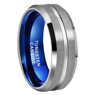 China Matte Finish Fashion FingerJewelry Ring Tungsten Carbide Engagement Wedding Blue Beveled Band 8mm for Women Men Comfort Fit for sale