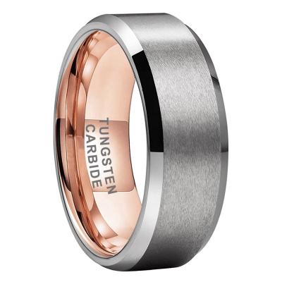 China Fashion Tungsten Carbide Wedding Band Ring Beveled Edges Tow Tone Jewelry 8mm Rose Gold Silver Matte Finish For Women Men for sale