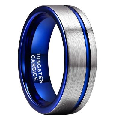 China Fashion Trendy Blue 8mm Burshed Finish Color Ring Offset Grooved Tow Tone Tungsten Carbide Flat Wedding Band for Women Men for sale