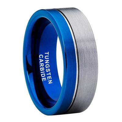 China Fashion TRENDY Blue 8mm Burshed Color Flat Ring Offset Grooved Tow Tone Tungsten Carbide Wedding Band For Women Men for sale