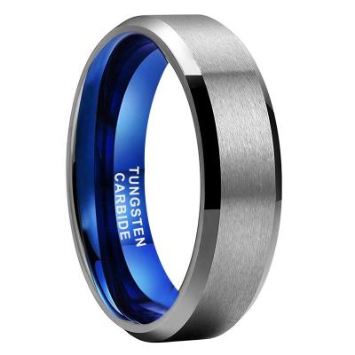 China FASHIONABLE Blue Silver Edges Tow Tone Tungsten Carbide Wedding Band 6mm Dropshipping Matte Finish Fashion Ring Beveled for Women Men for sale