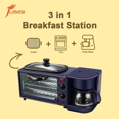 China Automatic Power-Up New Multifunctional 3 in 1 Breakfast Set Toaster Coffee Maker 3 in 1 Breakfast Maker with Toast Oven Coffee Pot Frying Pan for sale