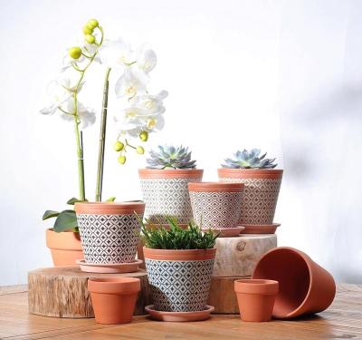 China Modern Foreign Popular Handmade Fancy Moroccan Terracotta Flower Round Clay Pots With Saucer for sale