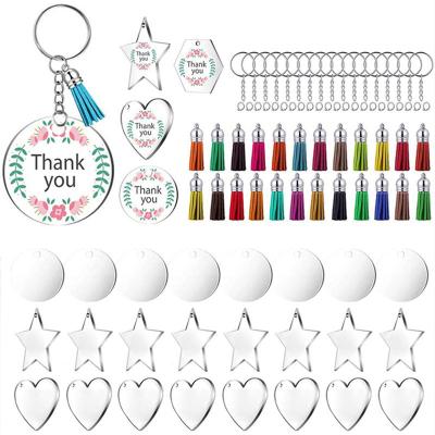 China Environmental Friendly Transparent Acrylic Blanks Keychains Ornaments 12PC Clear Blanks Leather Tassels Key Chain Rings For DIY Key Chain Vinyl Craft for sale