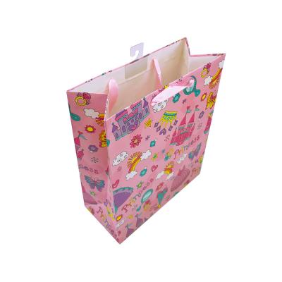 China Recycled Materials Export Quality Pink Girl Baby Paper Gift Bags For Princess Party With PP Handle for sale