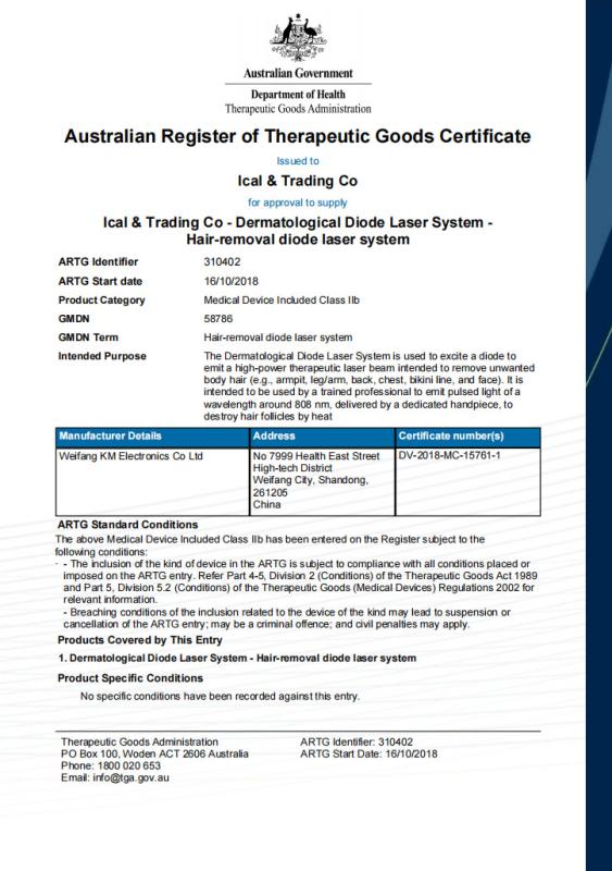 Australian Register of Therapeutic Goods Certificate - Weifang KM Electronics Co., Ltd.