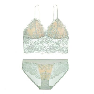 China Breathable French fast selling sexy embroidered wireless transparent sexy lace flower triangle cup lingerie set for sale