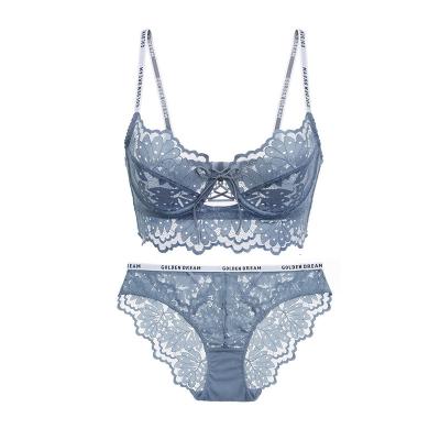 China Breathable sexy ultra-thin shoulder straps fashion underwear lace big breasts letter show small gathering bra set for sale