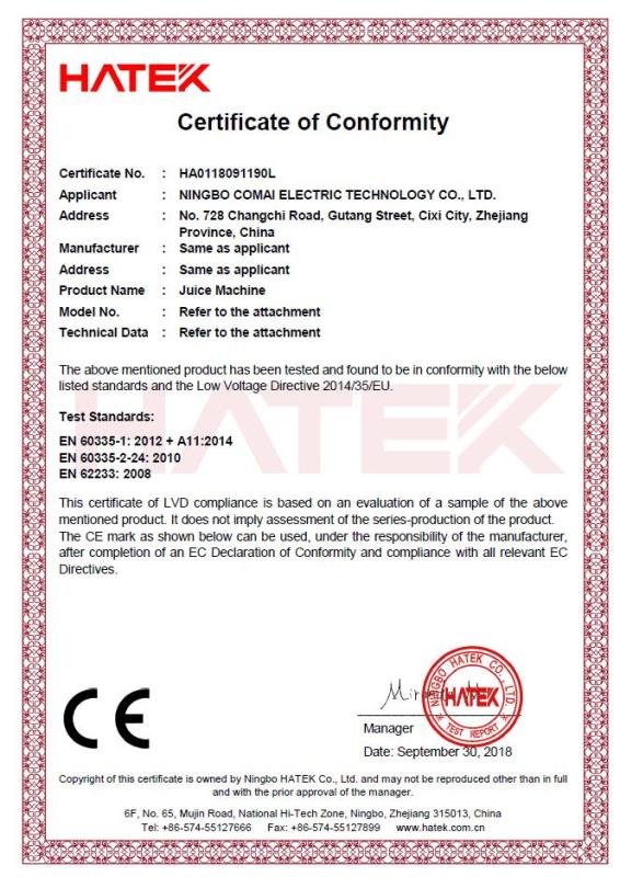 CE - Ningbo Comai Electric Technology Co., Ltd.