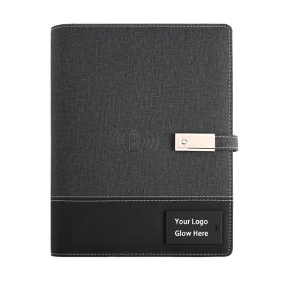 China PU Leather Magnetic Wireless Power Bank Custom LED Light Logo Planner Diary Notebook with Power Bank and USB Flash Drive for sale