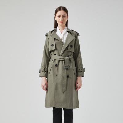 China Anti-wrinkle high quality OEM army green stylish cross trench coat long for women for sale