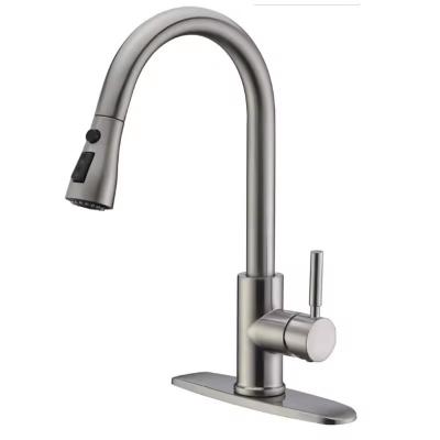 China Silver Kitchen Sink Faucet with Pull Down Sprayer High Water Pressure Stainless Steel for sale