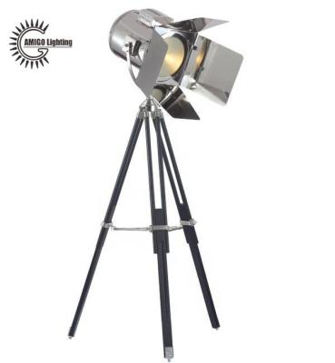 China Modern Unique Designer Stainless Steel Shade With Wooden Tripod Floor Lamp for sale