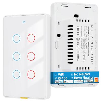 China Tuya WiFi Switch Timing 6 Gang Voice App Alexa Google Home Sem fio neutro WiFi RF433 US Light Switch Smart Home à venda