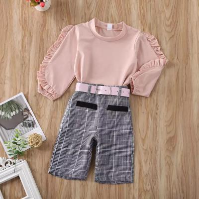 China Ausstattung Srping und Autumn New Childrens stellt Rosa-langärmliges hölzernes Ohr-T-Shirt Hemd-Plaid-dreiteiligen Gurt ein zu verkaufen