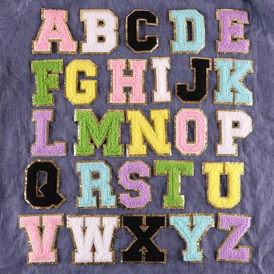 China Handmade Colorful Letter patches embroidery patches alphabet gold sequins embroidery chenille patches for clothes bags for sale