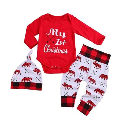 China Antibacterial Newborn Infant Outfit Toddler Cartoon Deer Long Sleeve Hat Romper Pants My First Christmas Baby Clothes Set 3pcs for sale