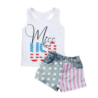 China European anti-shrink kids and summer American girls' vest letter sleeveless top + American flag shorts children's two-piece clothing I for sale