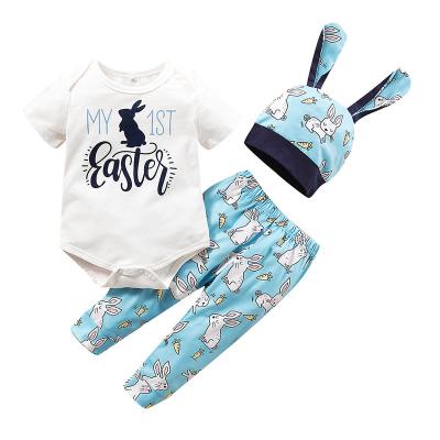 China Newborn Three-Piece Set Baby Romper Anti-Shrinkage Short Sleeve Pants Print Rabbit Suit Baby Clothing Set for sale