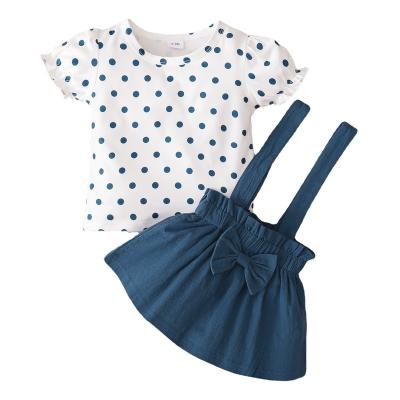 China Girls anti-shrinkage spring and fall 2022 new explosive short polka dot print sleeve top + solid color denim sling skirt for sale