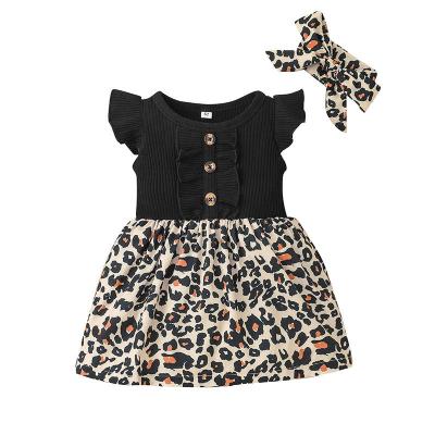 China Western-style girls anti-shrink flying European and American little girl summer leopard print sleeve dress stitching dress for sale