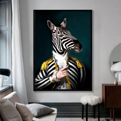 China Waterproof Black And White Chic Wall Art Posters And Prints Lion Tiger Elephant Giraffe Wolf Horse Animal Wearing A Hat Canvas Painting for sale