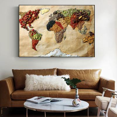 China Modern Waterproof Kitchen Room Decor Grain Map Paintings World Map Canvas Wall Art for sale