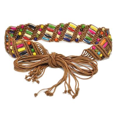 China Decorative ethnic wind bead waist weaving wood chain bg-549 woven belt new retro by wooden handmade personality color bead wax rope for sale