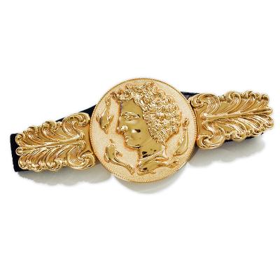 China Large Wide Round Queen Dophin Stretch Dress Belt Metal Buckle Coin Buckle Durable Shiny Gold Belt Leisure Belt For Women bg-014 for sale