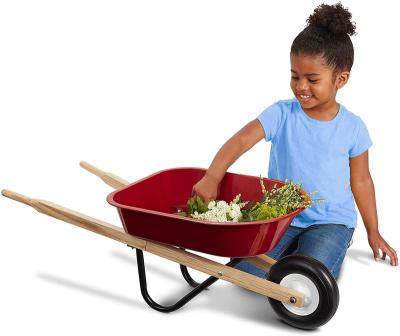 China Durable Kids Wheelbarrow Ride On - Rust-Resistant Seamless Steel Tub With Wooden Hand Handles for sale