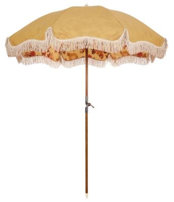 China Sun Factory Direct Vintage Bohemian Luxury Waterproof Parasol Wooden Beach Umbrella With Tassels Recycled Boho Beach Umbrella for sale