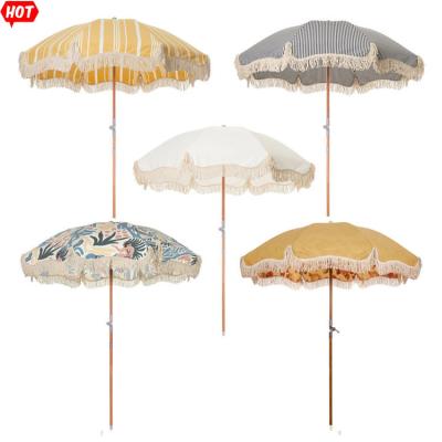 China Outdoor Beach Sun Boho Waterproof Wooden Shelter Garden Umbrella With Tassels UV Protection Canopy 6ft 8ft 6ft 7.5ft 7ft 8ft for sale