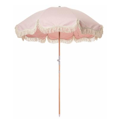 China 8 Waterproof Custom Luxury Portable Parasol Feet, Vintage Boho Wooden Pole Canvas Tassels Pink Beach Umbrella Premium Lauren Band for sale