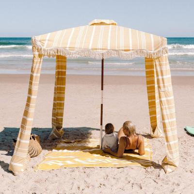 China Best quality vintage waterproof boho business and ple stripe beach canvas UV wooden beach hut with cotton bullion fringe. for sale