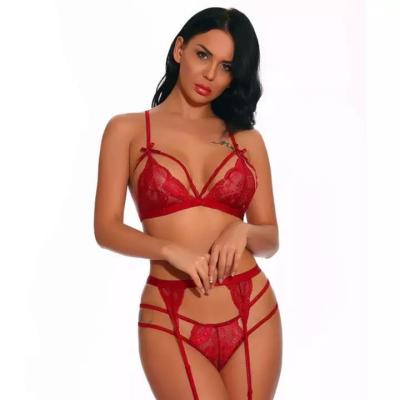 China Hot Sexy Women's Lingerie Set Nightgown 4 Pieces Exhaust Lace Lingerie Set Women Include Sexy Stockings Lace Lingerie Set for sale