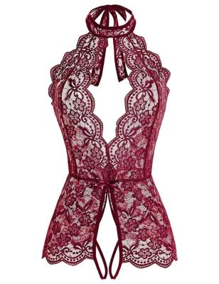 China Hot temptation lace up mature lace pattern embroidery jumpsuit sexy women's backless underwear for sale