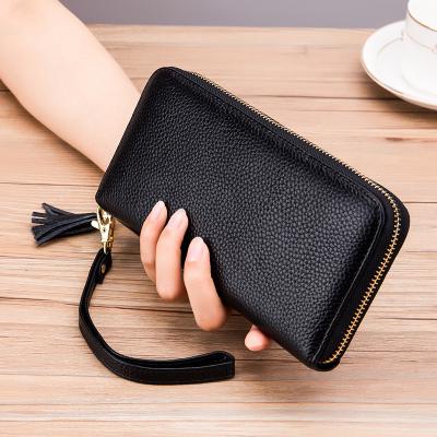 China RFID 2022 Real Leather RFID Blocking Ladies Grab Long Zipper Purse Long Wallet Bag Cow Leather Long Clutch for sale