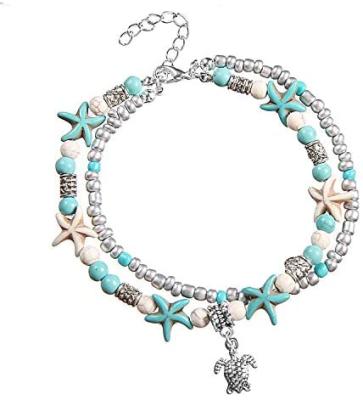 China Wholesale BOHEMIA European And American Blue Anklet Boho Starfish Turtle Anklet Double-Layer Anklet Chain for sale