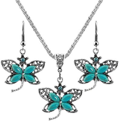 China Hot Selling High Quality Fashion Women's Retro Turquoise Rhinestone EarringsTeardrop Butterfly Necklace Jewelry Set for sale