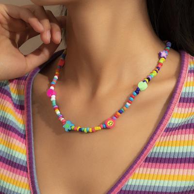 China Cute Summer Cute Face Necklace Handmade Ceramic Necklace Colorful Beads Smile Necklace For Women for sale