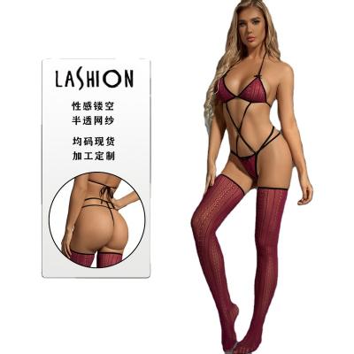 China Sexy Clothing 2023 New Arrivals Black Hollow Lace Up Mesh Conjoined Skirt Women Girl Fishnet Mini Dress Sexy Lingerie For for sale