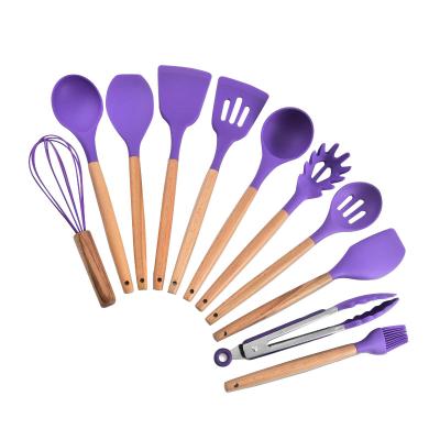 China Sustainable Custom Premium Food Grade 12 Piece Silicone Kitchenware Cooking Set Spatula Beater With Wooden Handle Utensils for sale